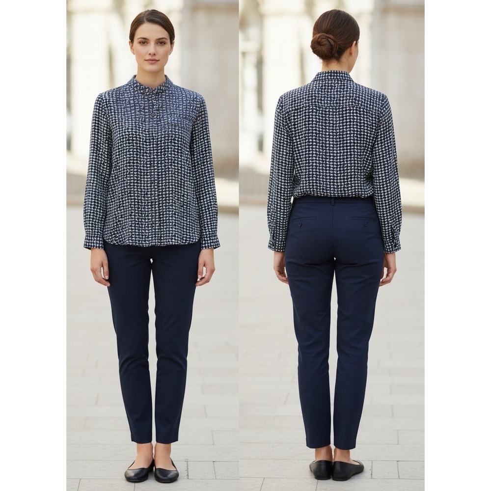 VTG Y2K Horse Print Mandarin Collar Shirt Navy Blue Lyocell Large Equestrian
